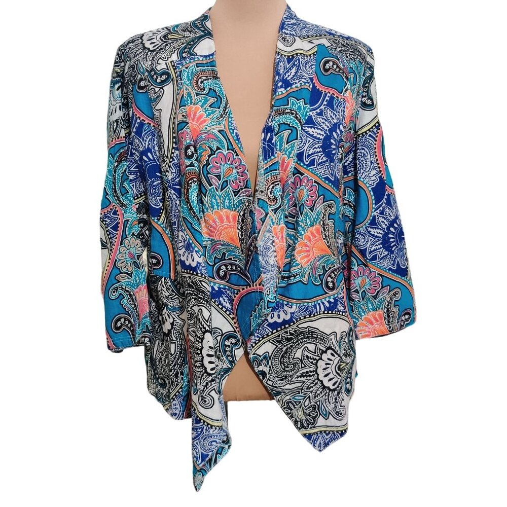 Chicos Womens Statement Jacket Artistic Paisley Linen Draped Open Front Sz 2 L